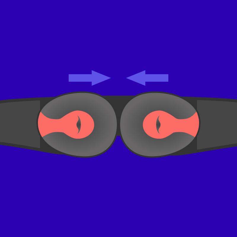 A Bluetooth® sleep mask is laid out with eye cups facing upward and close to each other. Two arrows point inwards.