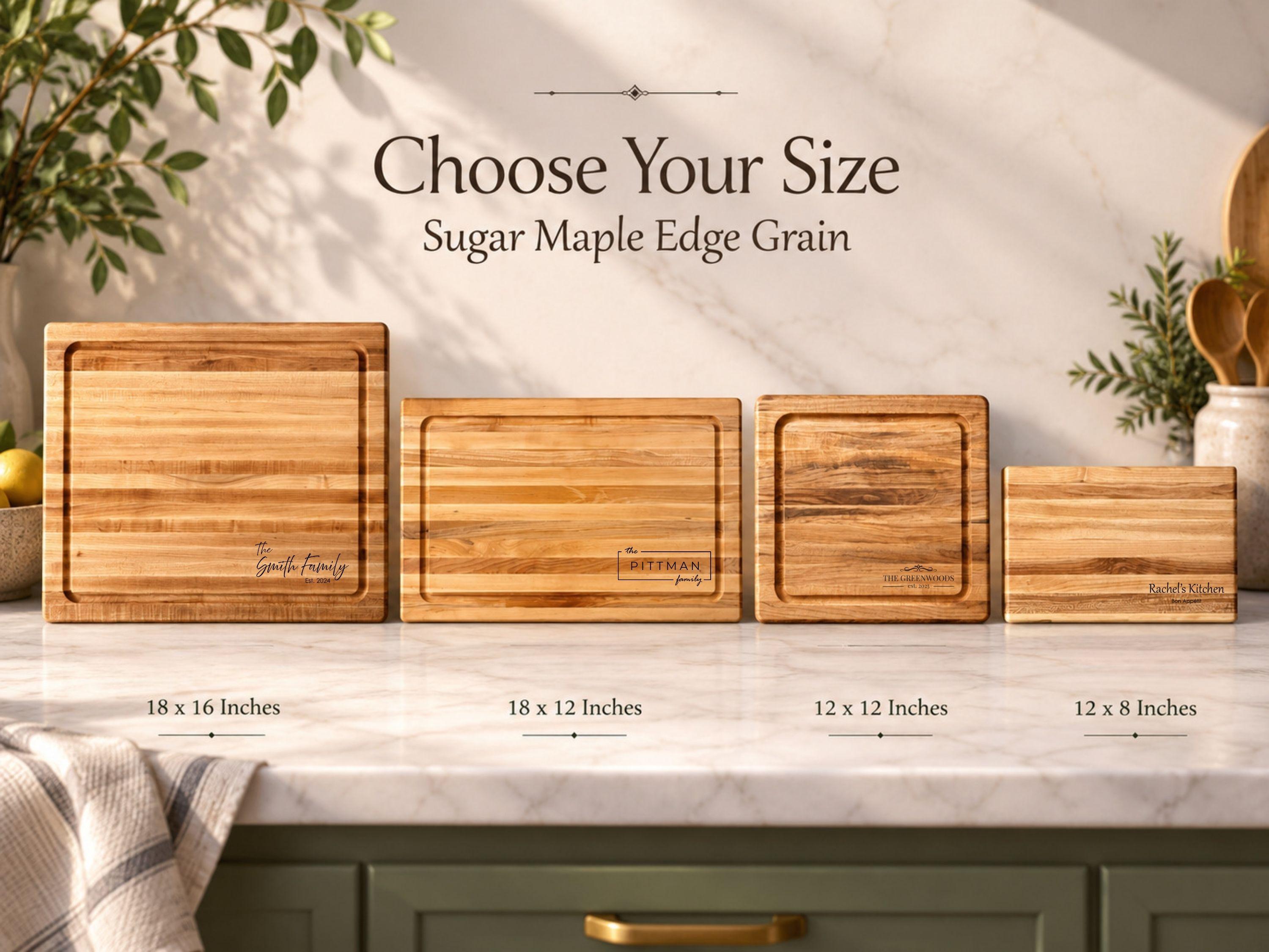Size guide, Four sizes of personalized handcrafted sugar maple edge grain cutting boards displayed side by side, showing the difference in scale from the large family-size butcher block to the small everyday cutting board.