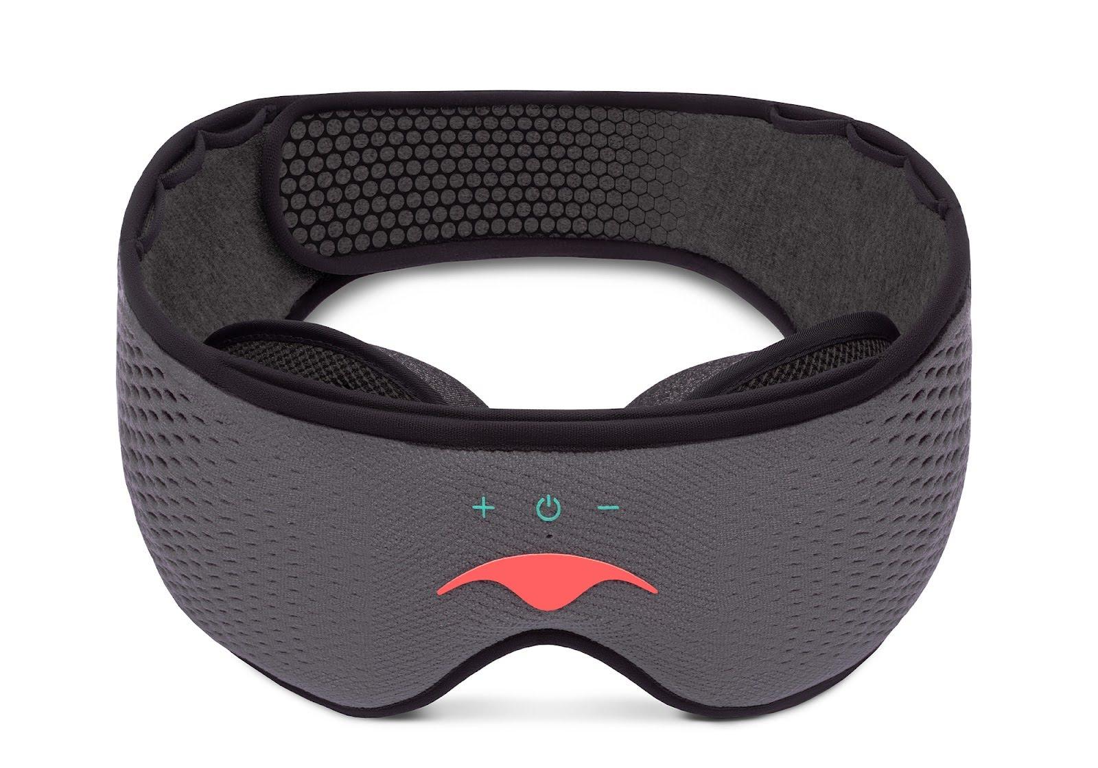 A gray mesh sleep mask with Bluetooth® speakers and eye cups.