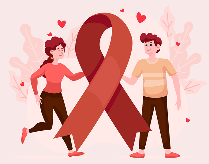 2 personnes qui s'aiment et se regarde au travers d'un ruban rouge