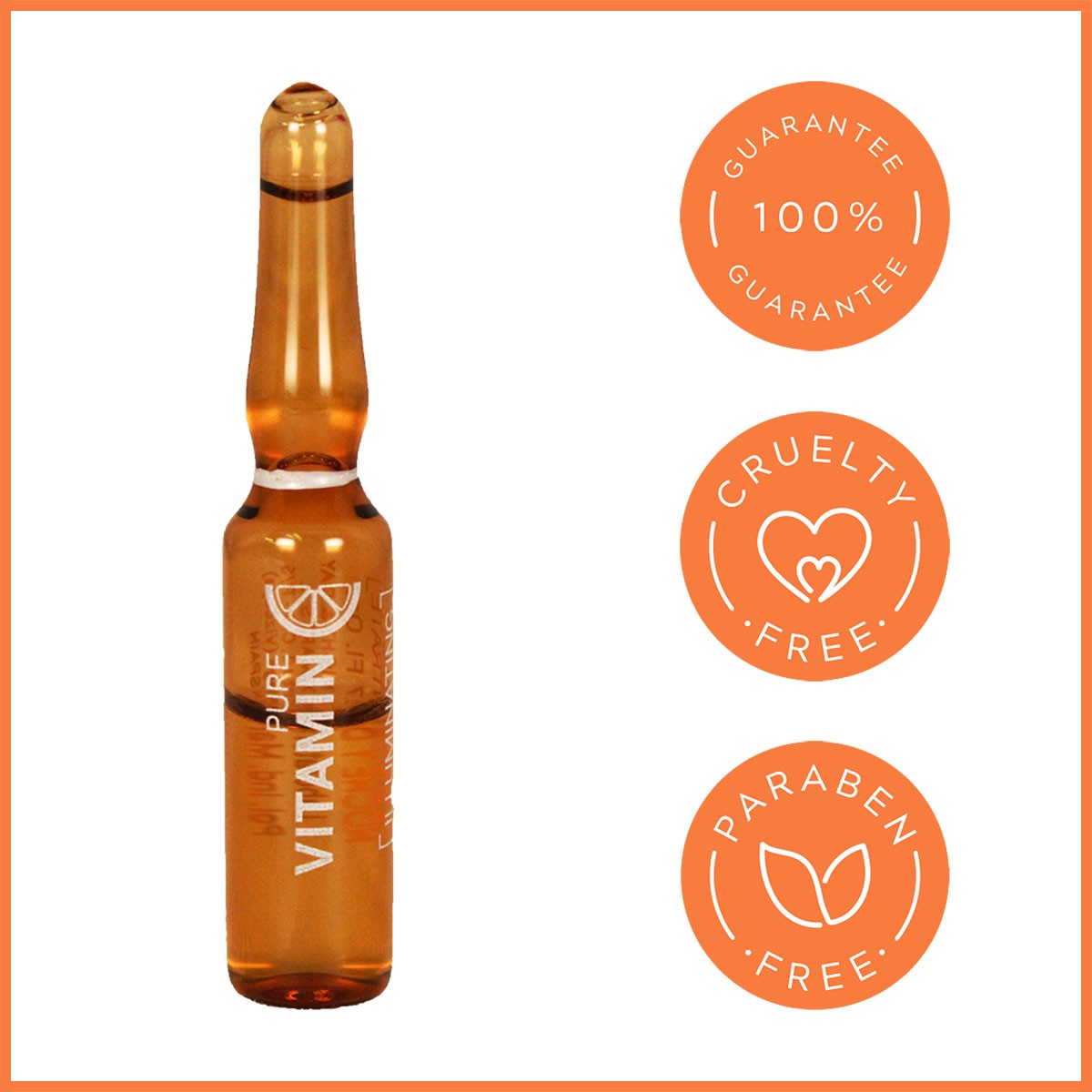 Vitamin C Ampoule with 3 orange seals of approval on the right: 100% guarantee, cruelty-free, and paraben-free.