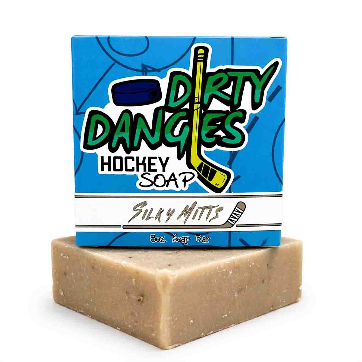 Dirty Dangles silky mitts hockey soap bar with product box on a white background.