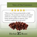 Voice of our customers with 5 stars and a picture of a pile of cranberries. The review says "This is one of those getting harder to find businesses. The product is exactly as advertised and I am very happy with it. Comes in a glass bottle and the product is superior. This cranberry supplement is top notch."