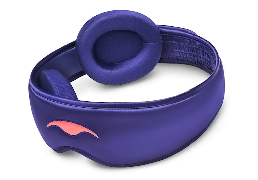 A blue silk sleep mask with convex eye cups attached to its interior.