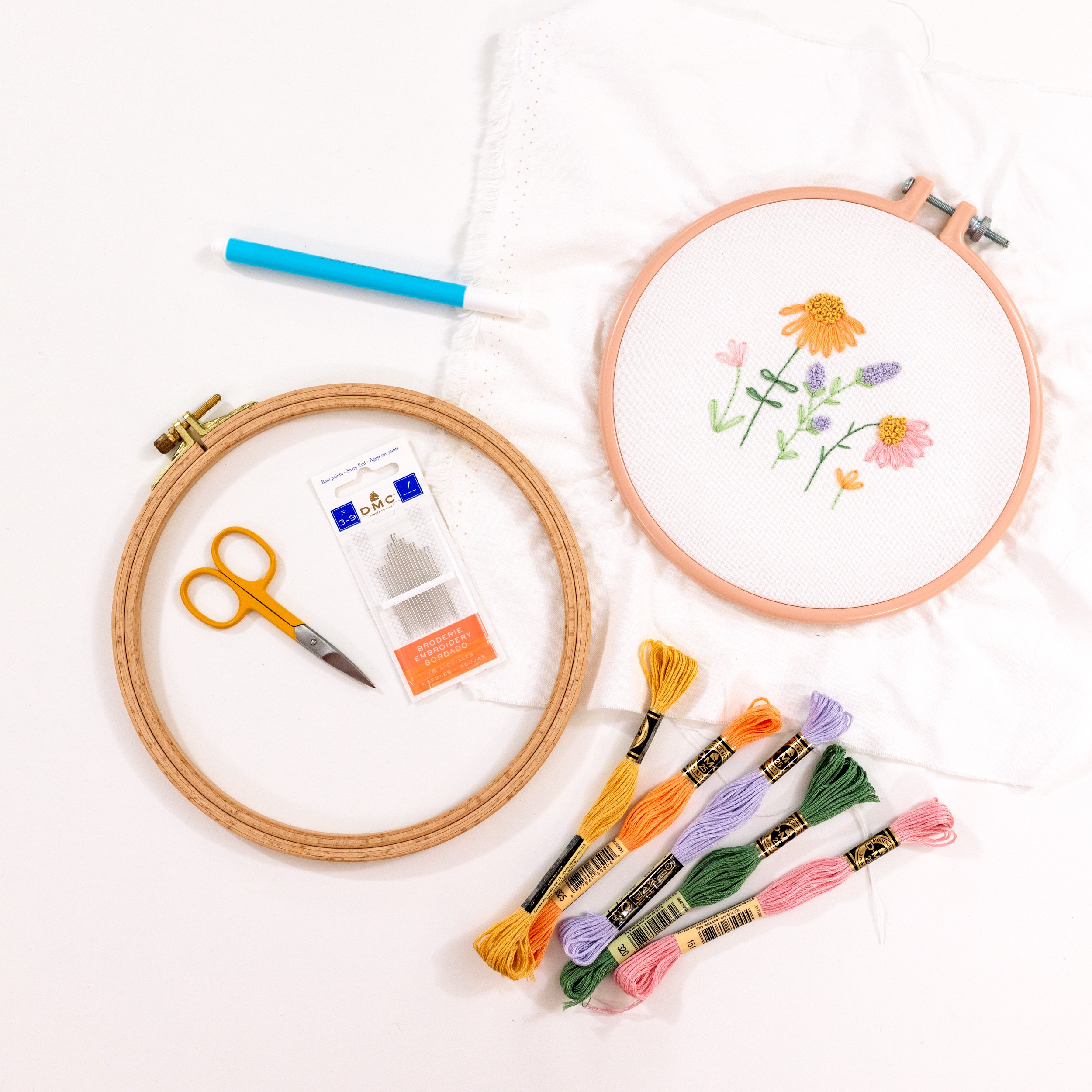 This is and image of a Maker's Academy Five Flowers embroidery pattern with some Clever Poppy Shop embroidery supplies in the background, available for purchase from the Clever Poppy Shop.