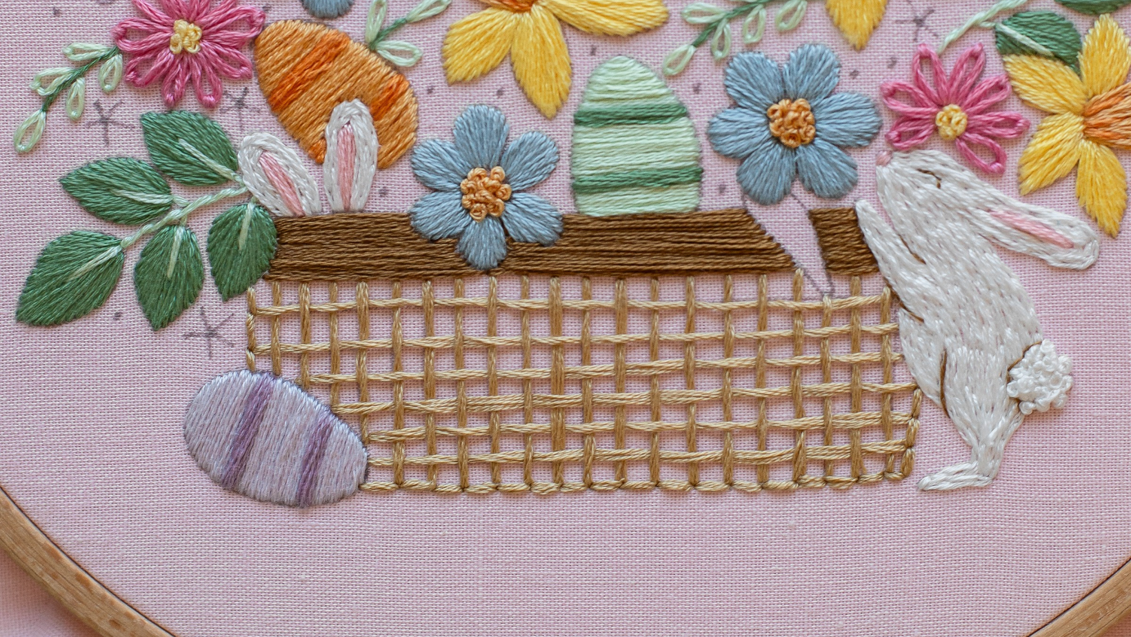 The Easter Basket embroidery pattern, showing the woven basket worked in weave stitch.