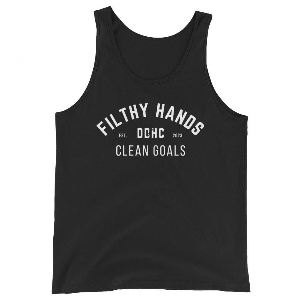 a black filthy hands clean goals mens dirty dangles hockey tank top on a white background