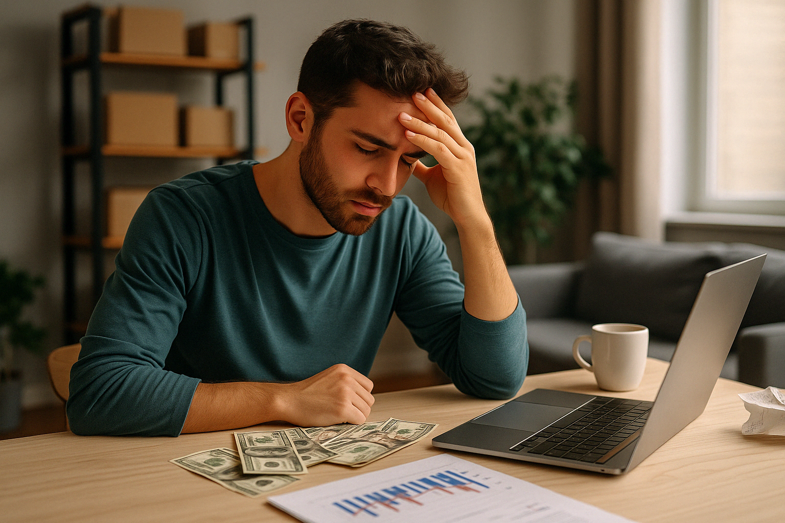 A young man with wavy dark hair and a beard sits at a light wooden table, resting his head in one hand with a concerned expression. In front of him are scattered dollar bills, an open laptop, and a financial chart, suggesting stress over business finances. The background includes a cozy home office setup with shelves and a large plant near a window.