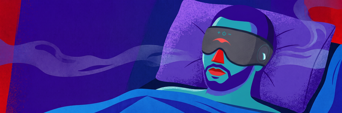 Man resting calmly in a Manta SOUND Sleep Mask, light and noise shut out — how to sleep with sensory overload.