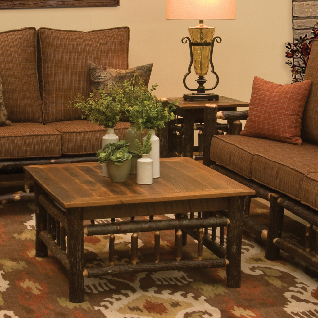 Hickory Log coffee table in a cabin living room