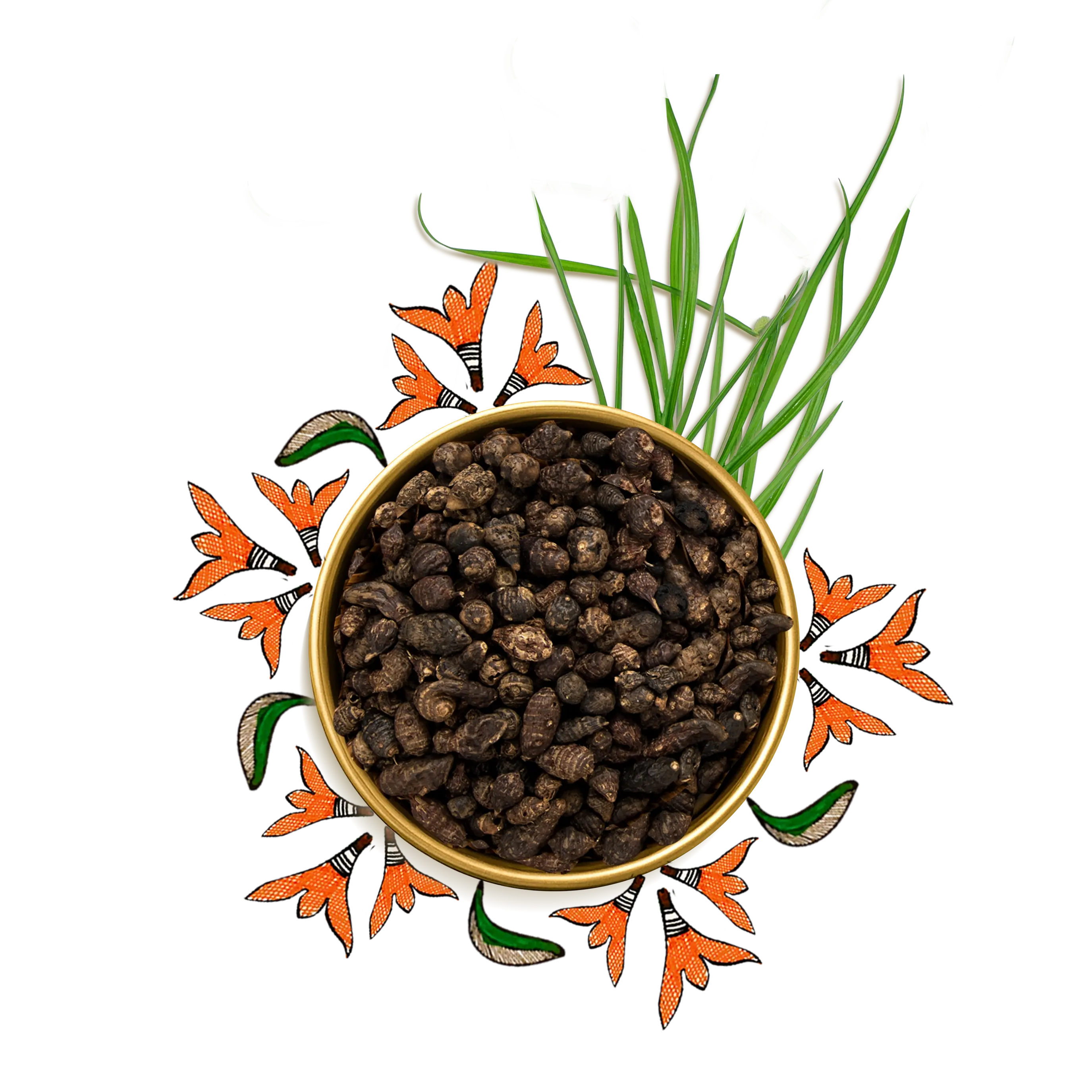 A bowl of nut grass surrounded by floral artworks