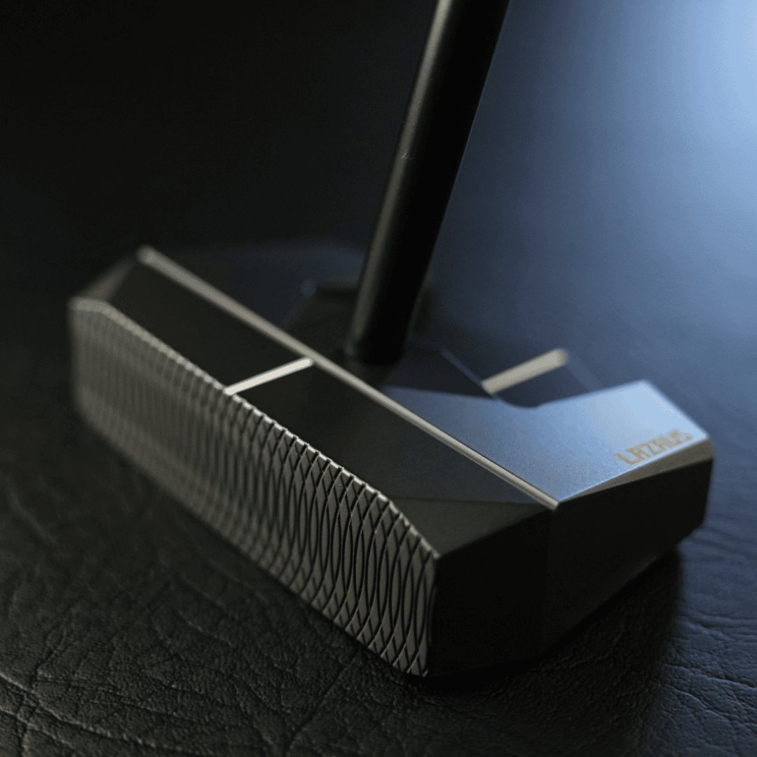Lazrus LAZ2 zero torque mallet putter in black finish showing top view with the alignment line and shaft join