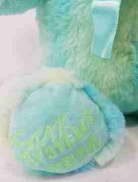 A teal tie-dye bear with writing on its foot