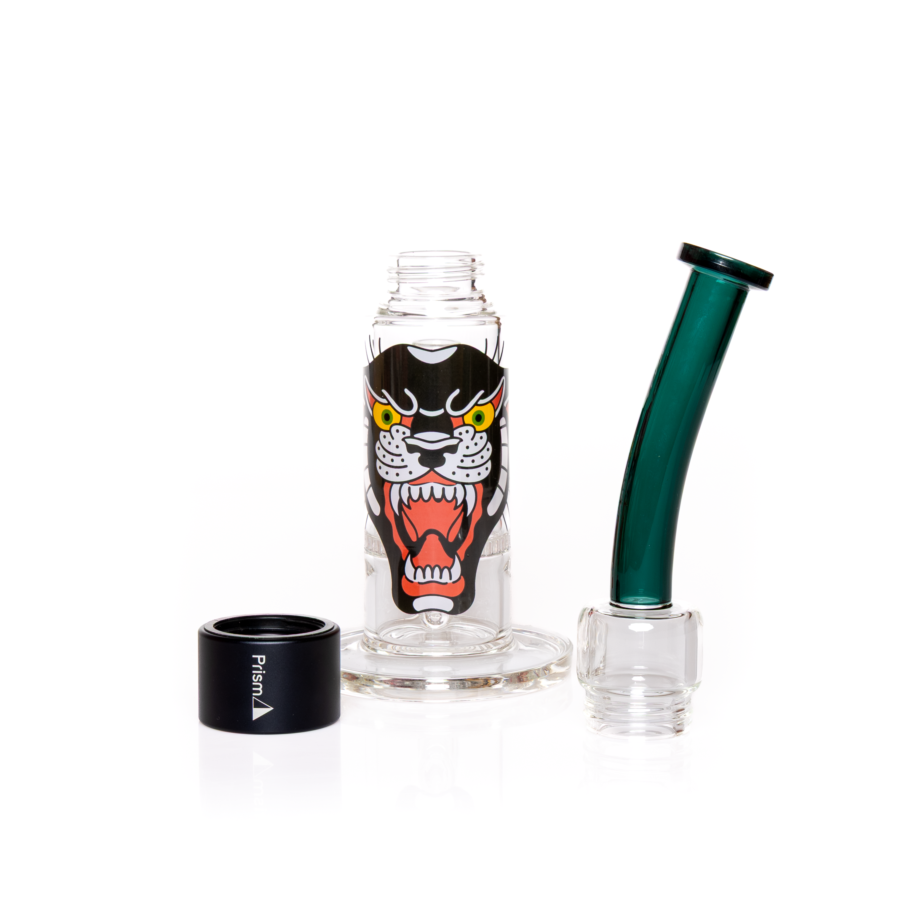 "Prism Inked modular honeycomb bong with a teal bent mouthpiece and clear glass base. The set-up features a vivid, permanently fired American Traditional Panther decal by Zac Cleminson. This single-stack configuration demonstrates the 3D Custom Bong Builder's ability to mix-and-match colored glass components with traditional tattoo flash art on a high-performance percolator base."