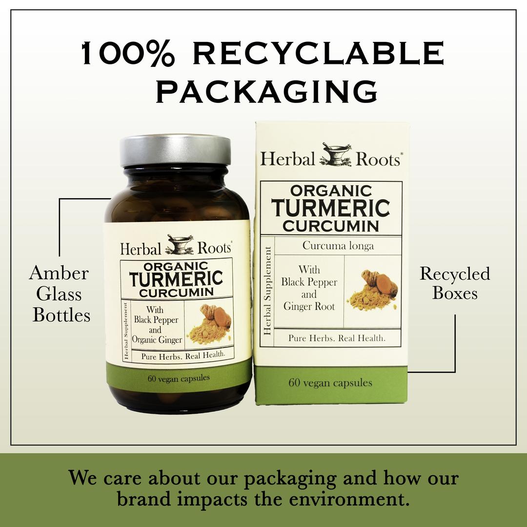 Bottle and box of Herbal Roots turmeric curcumin next to each other. Under the bottle and box says We care about our packaging and how our brand impacts the environment. There is a line coming from the left of the bottle that says Amber glass bottles. There is a line coming from the left of the box that says sugarcane boxes.