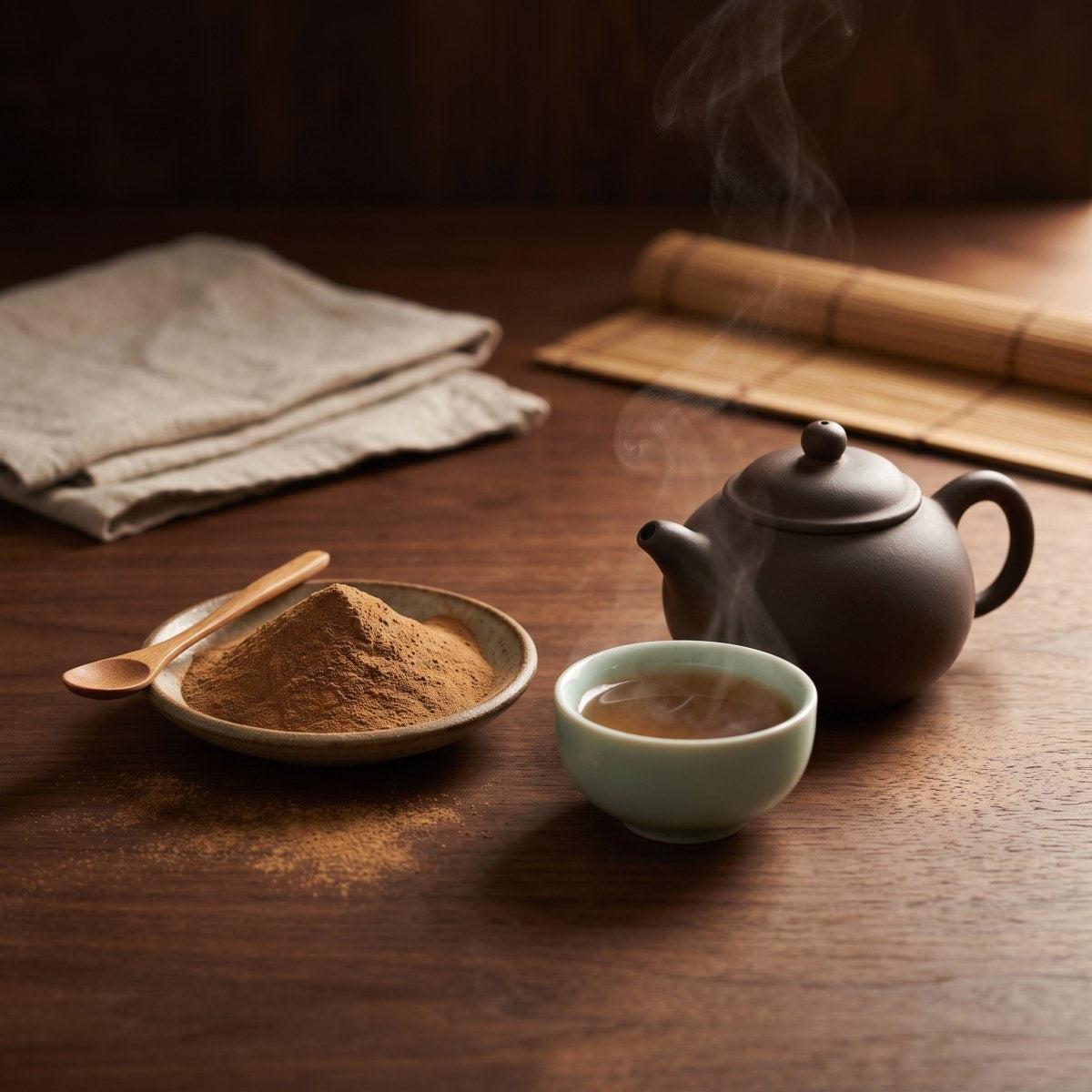 Clay teapot and celadon cup of cistanche tea