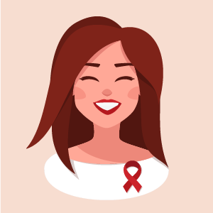 femme qui sourit avec un ruban rouge sur sa blouse