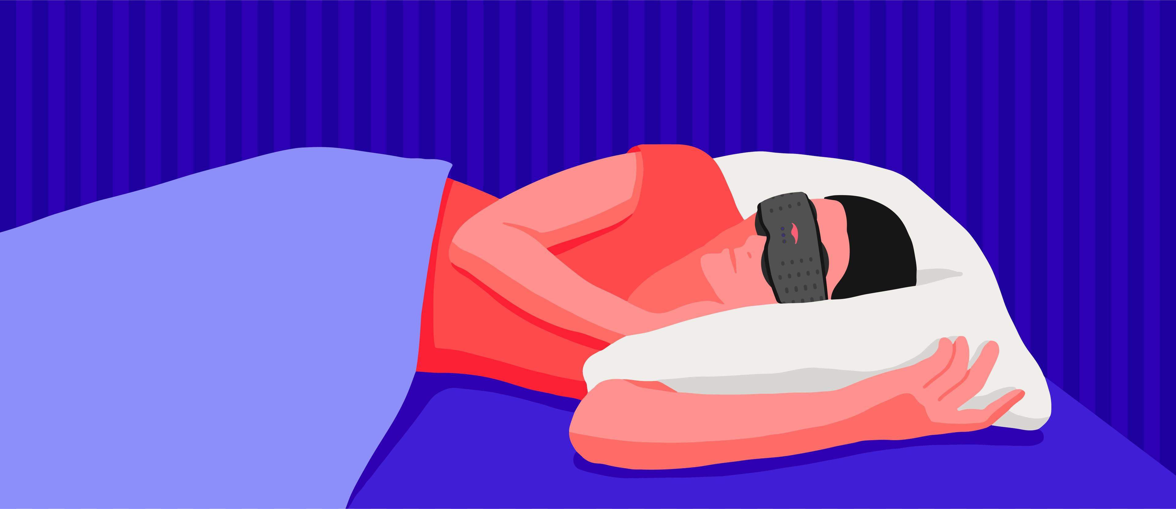 A sleeping woman lying down on a pillow while wearing a black sleep mask with headphones.