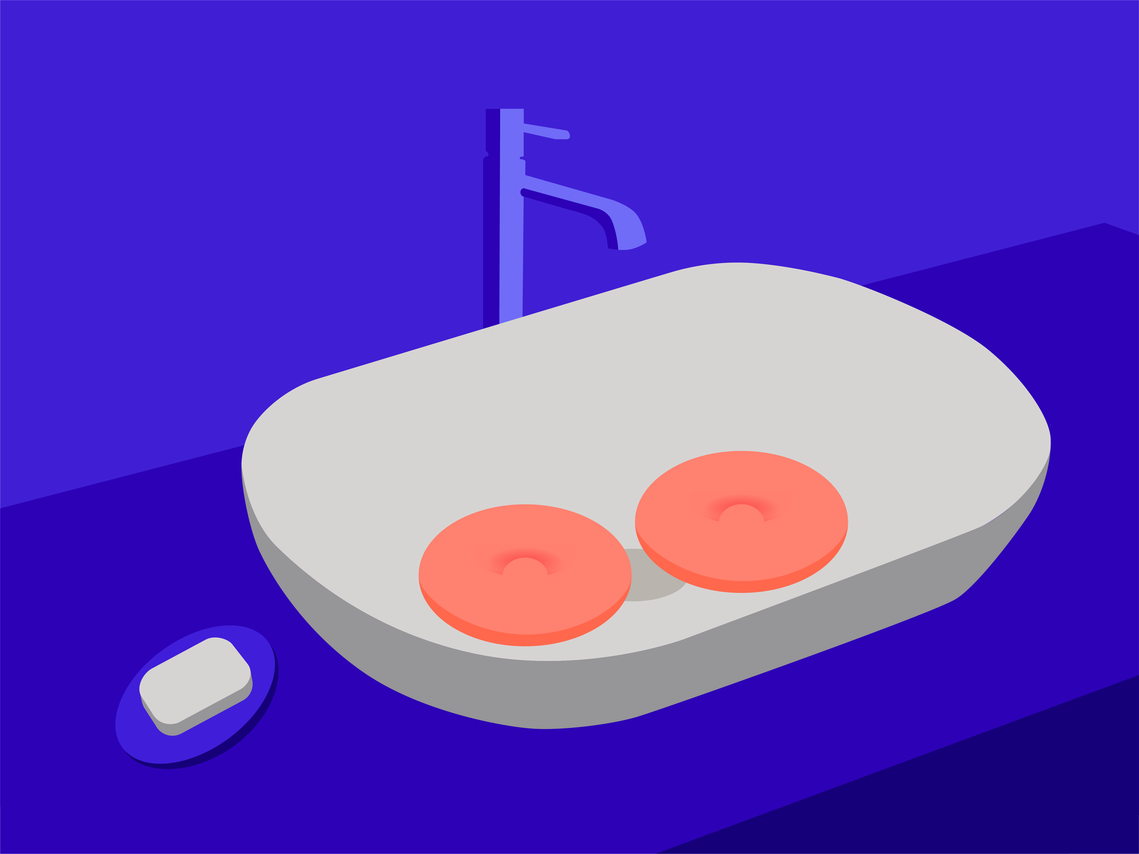 A pair of orange eye cups inside a white sink and a bar of soap on the counter.