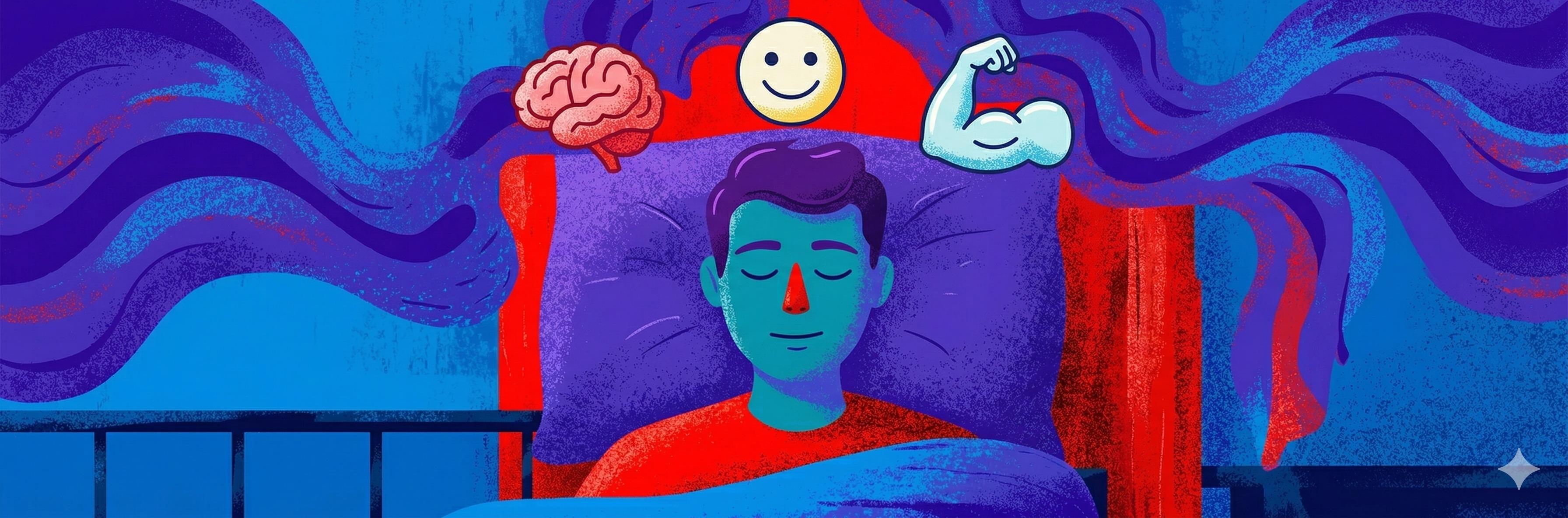 A man sleeping in the NREM sleep stage. Above his head are a brain, smiley face and a curled bicep.