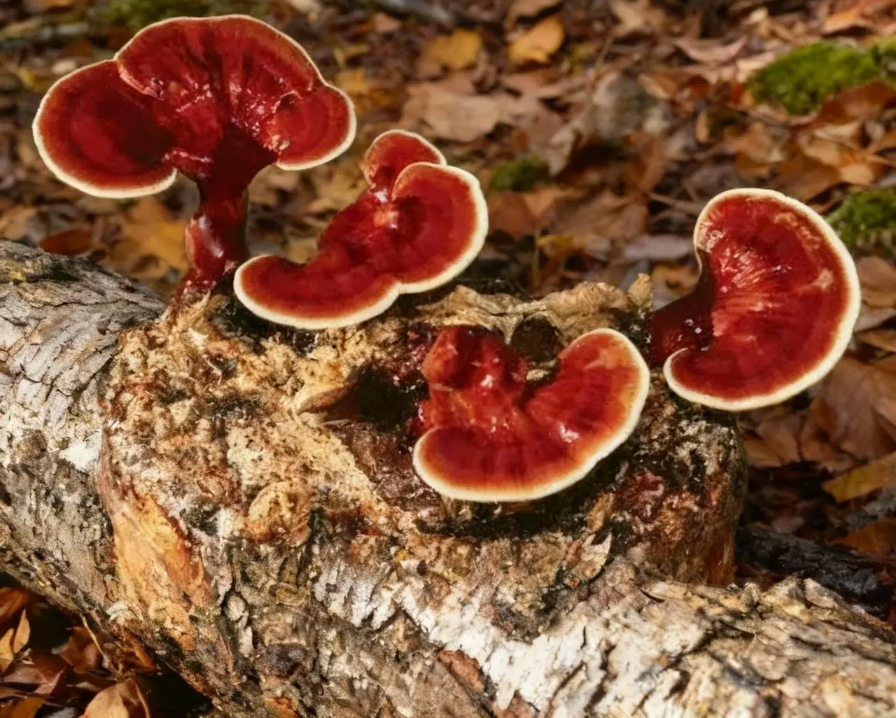 Mushroom cultivation reishi mushrooms with distinctive glossy red-brown caps and white edges growing on decaying log in forest environment, demonstrating medicinal mushroom varieties for beginner growers