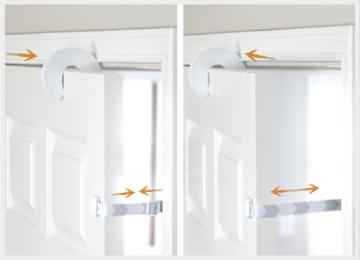 Illustration showing Door Buddy strap paired with an over-door stopper to prevent the door from closing while allowing adjustable pet access.