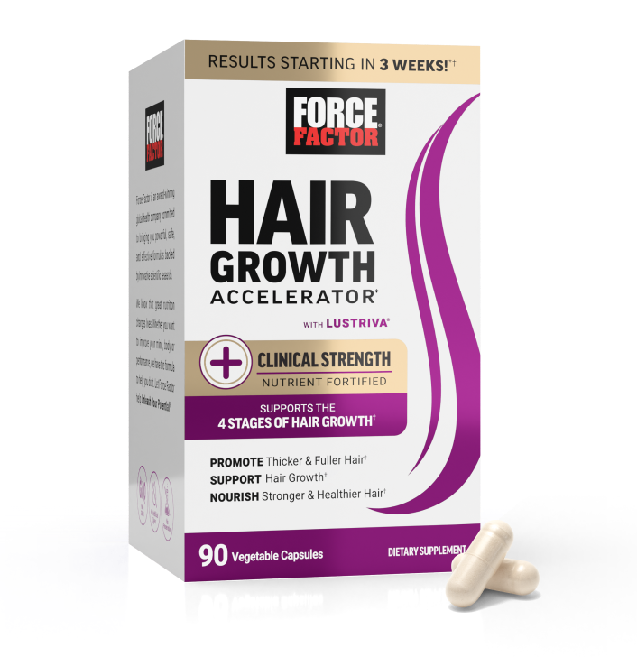 hair growth accelerator capsules with two capsules sitting next to the box