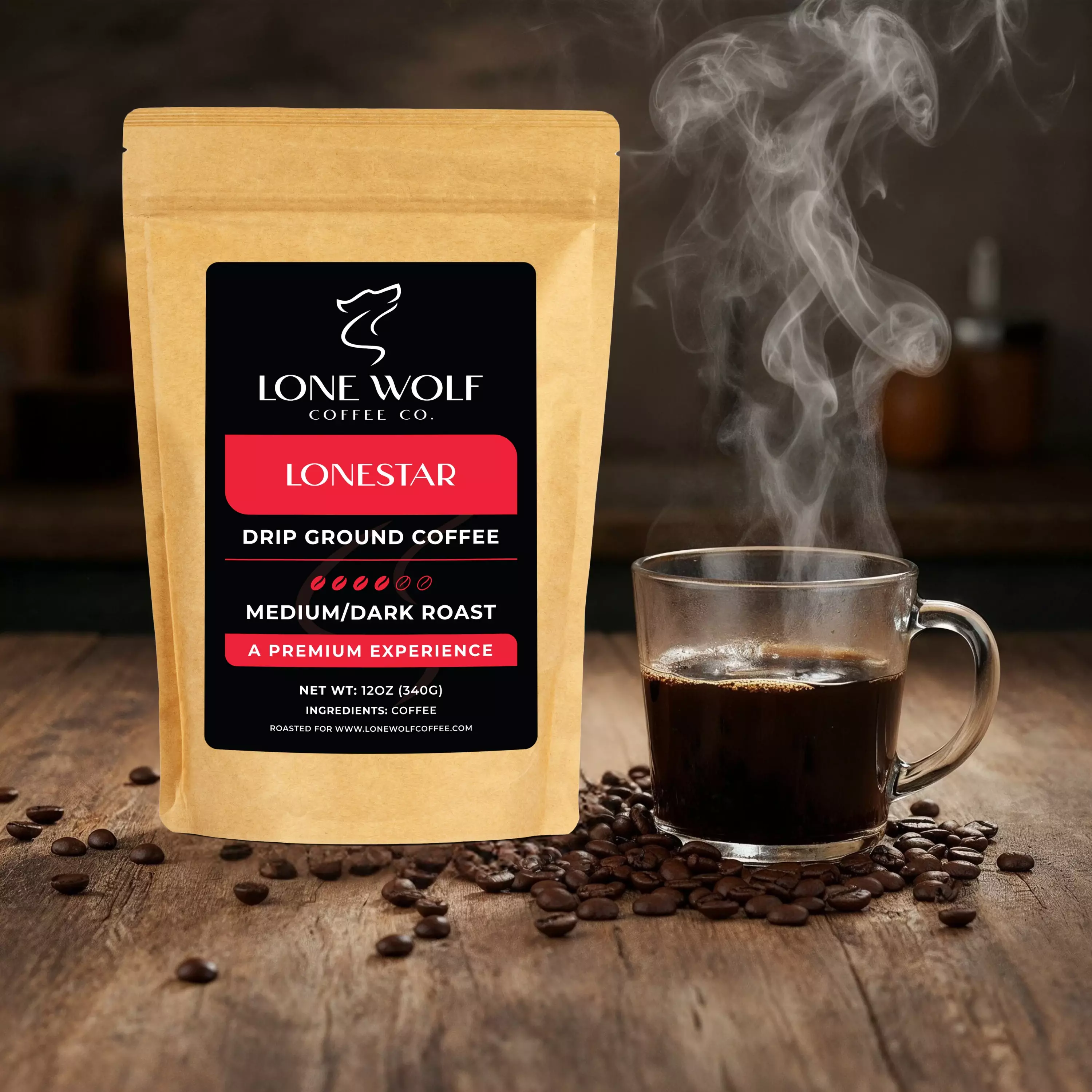 Lonestar drip ground coffee bag next to a steaming cup on a wooden table.