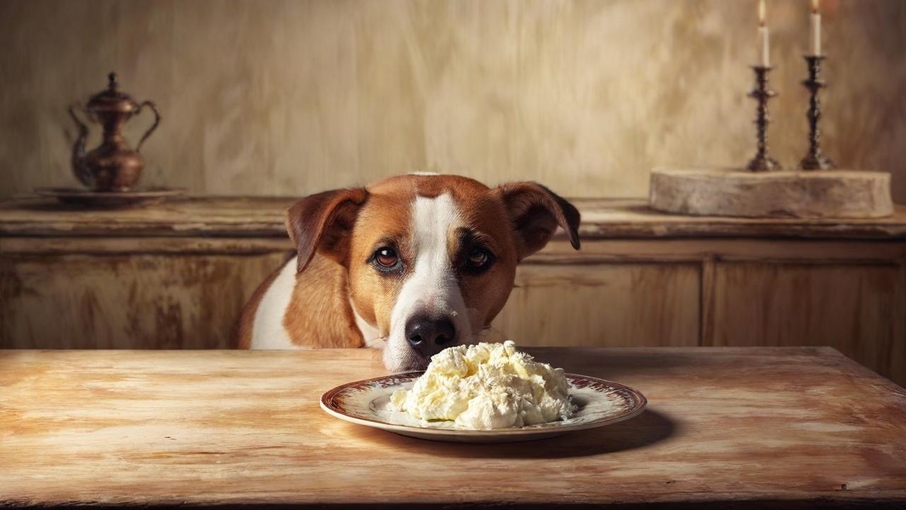 A dog with cottage cheese on the table.