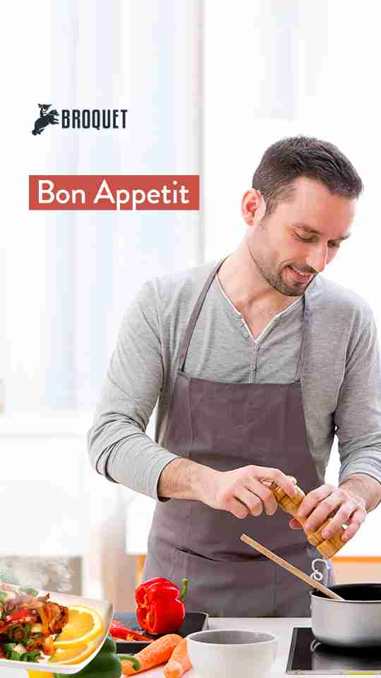 man cooking, broquet logo, text reads: Bon Appetit