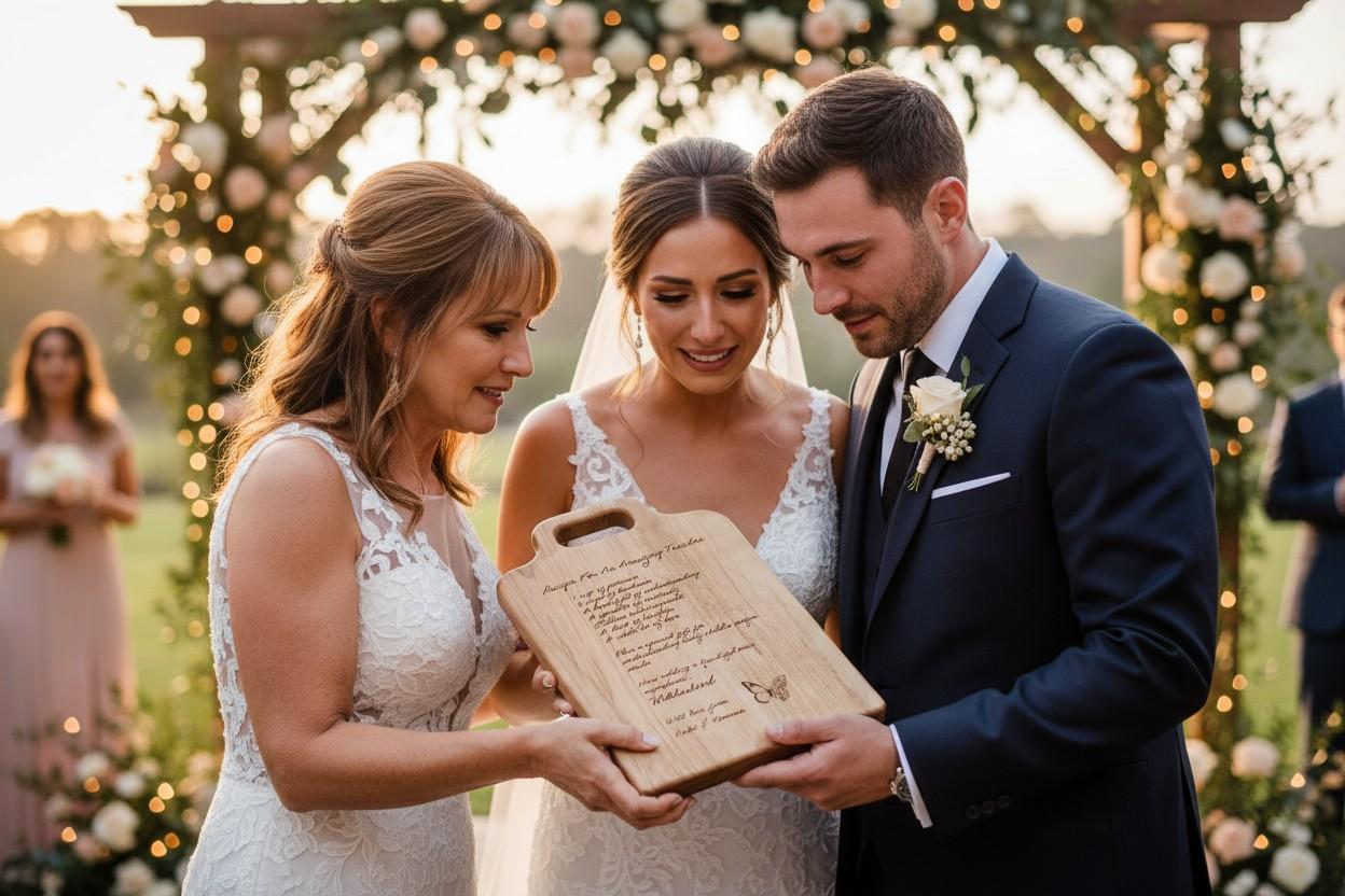 Wedding couple receiving a personalized live edge walnut charcuterie board