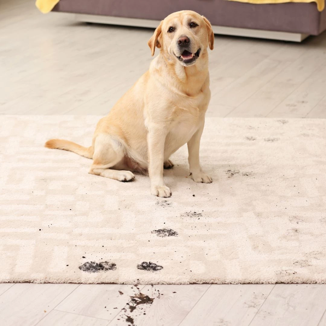 Dog on a white carpet with muddy paw prints