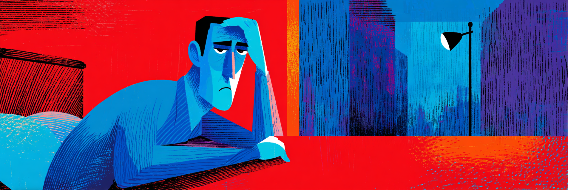 A tired man sitting up in bed, unable to sleep due to the light from the streetlamp outside his window.