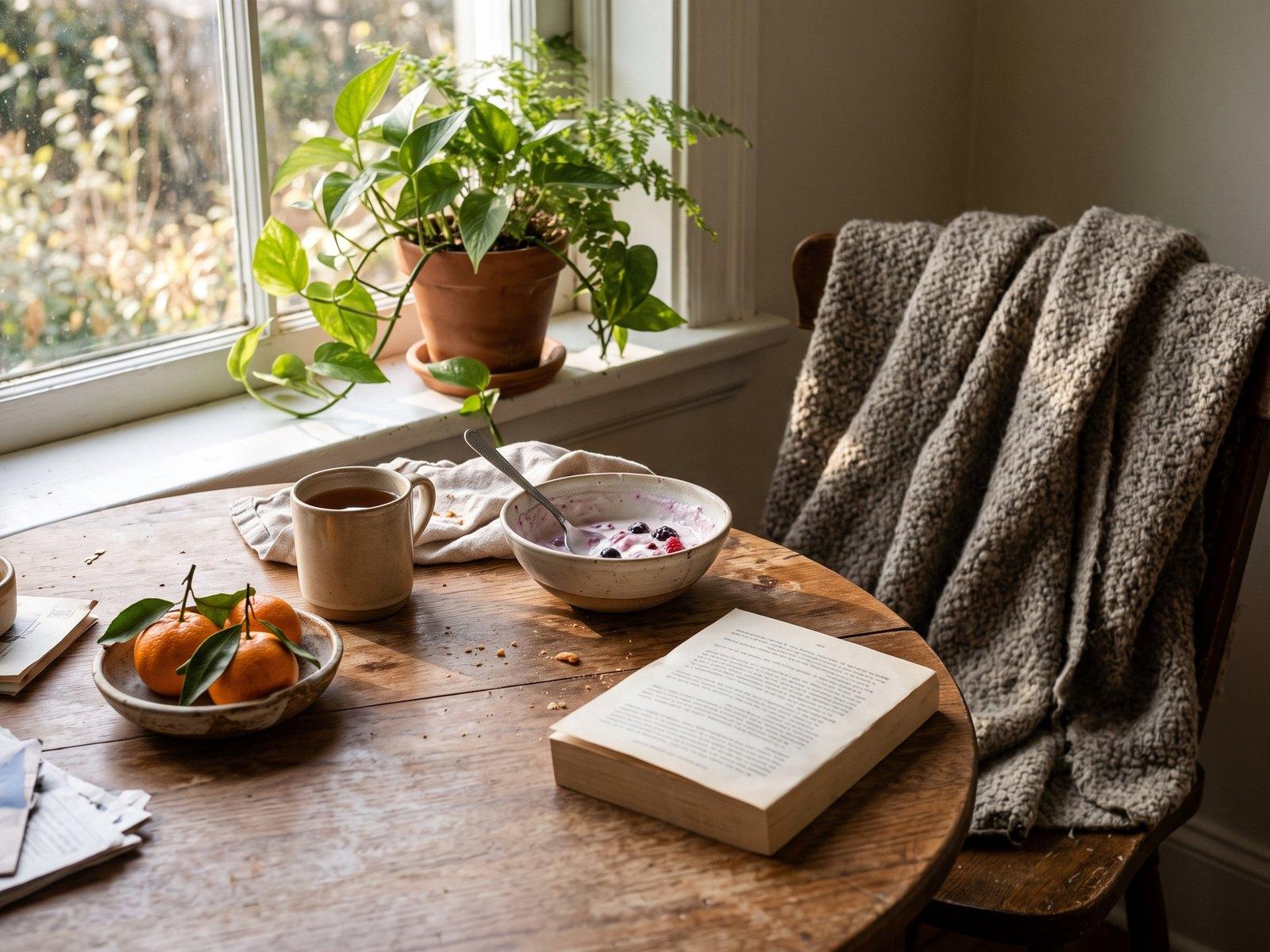 Sunny breakfast nook with yogurt and berries, tea, a book and clementines