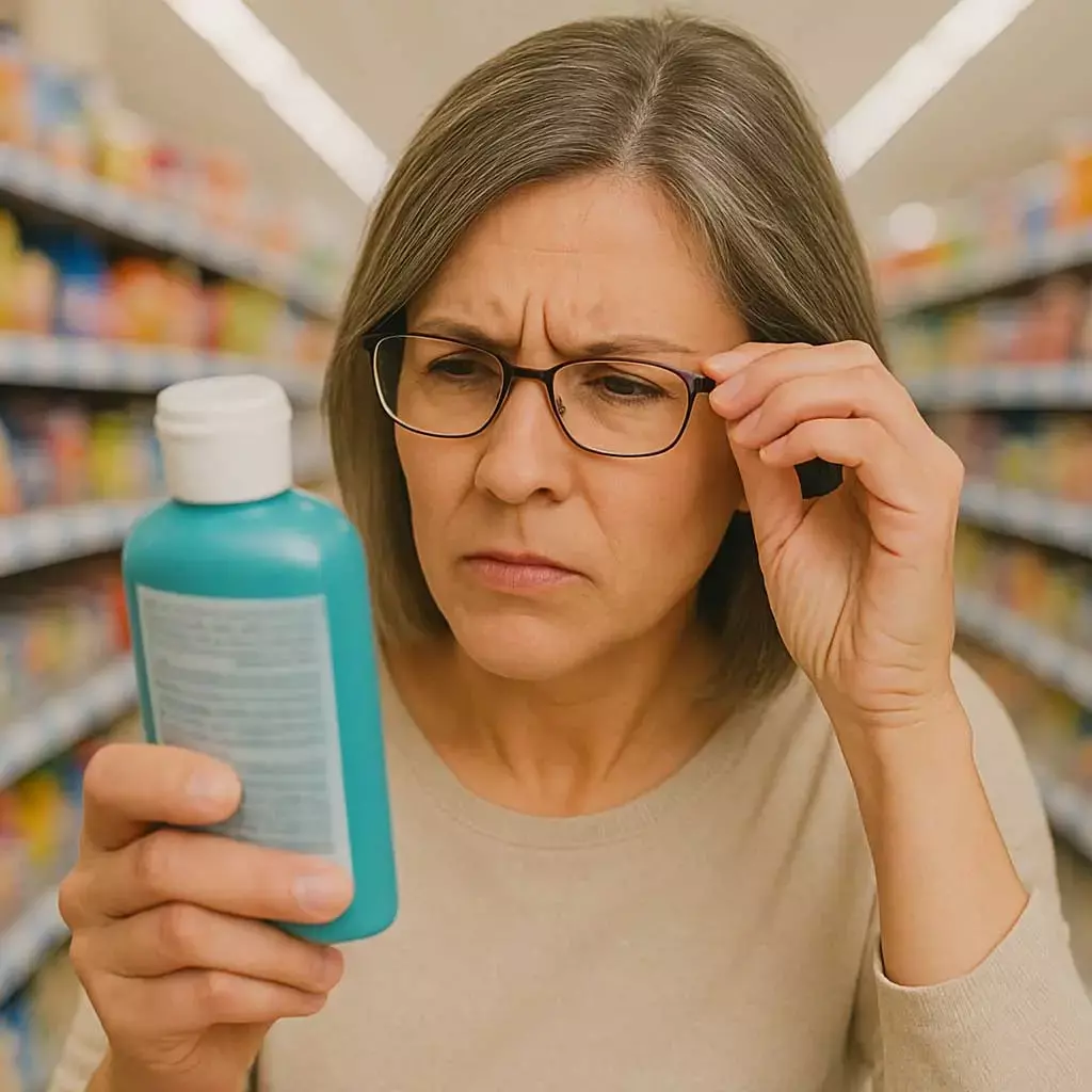 A lady struggling to read the label in a grocery store