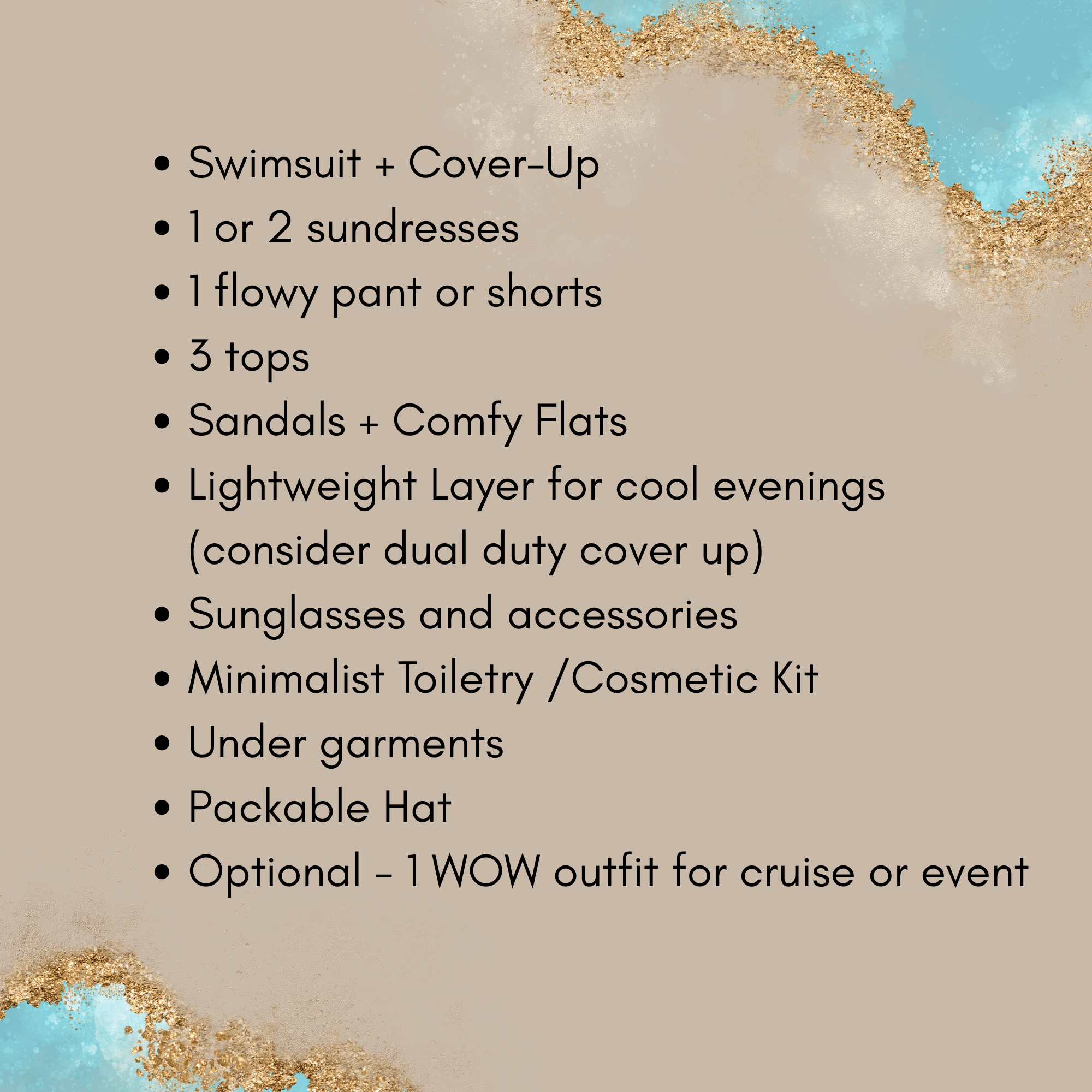 Beach and Cruise packing list
