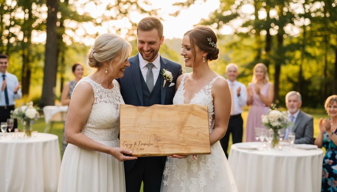 Wedding couple receiving a personalized live edge maple charcuterie board