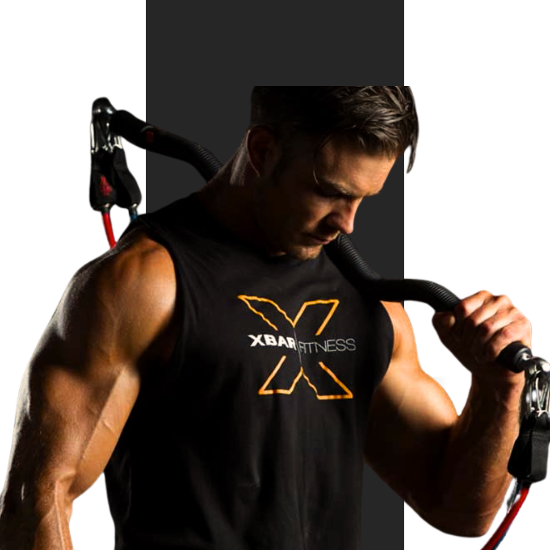 man holding xbar fitness bar and resistancebands