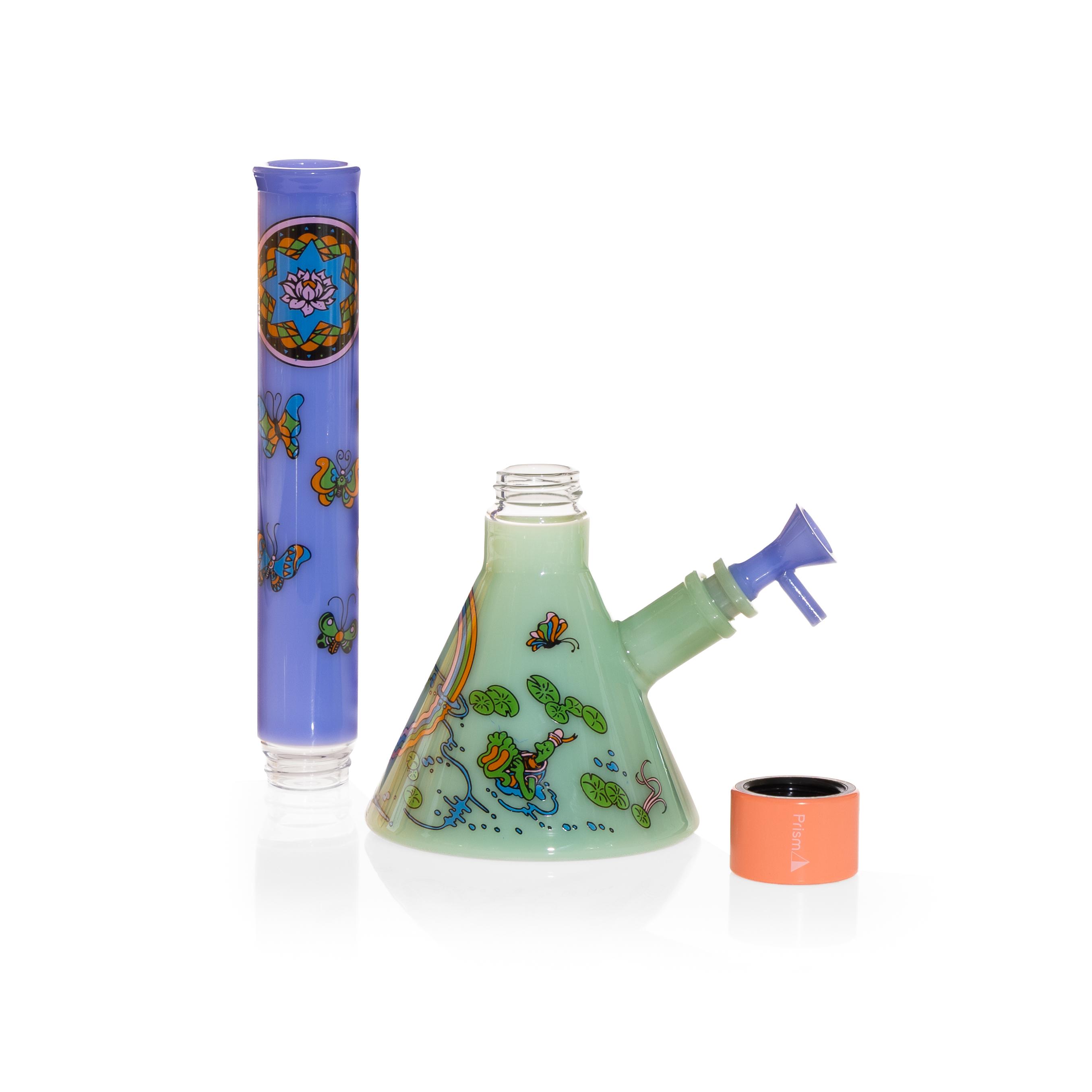 An image of a disassembled Prism MINI bong Popular setup with the New Pond Life decal on Opaque glass colors