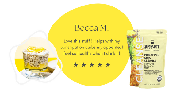 A 5-star review from Becca M. saying “Love this stuff! Helps with my constipation curbs my appetite. I feel so healthy when I drink it!” set on an irregular yellow circle. On the left side is a lemon chia pudding in a glass. On the right side is one gusset bag of Pineapple Chia Cleanse.