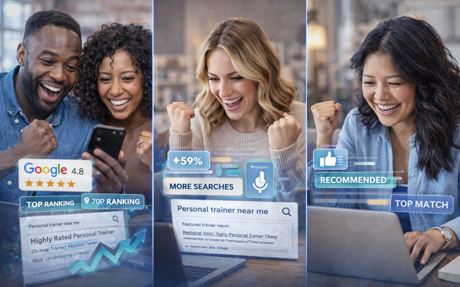 ollage of business owners celebrating positive visibility results, including higher search rankings, increased traffic from voice and organic search, and AI recommendation signals, with on-screen indicators like “top ranking,” “more searches,” and “recommended,” illustrating the real-world impact of answer-focused optimization and improved discoverability.