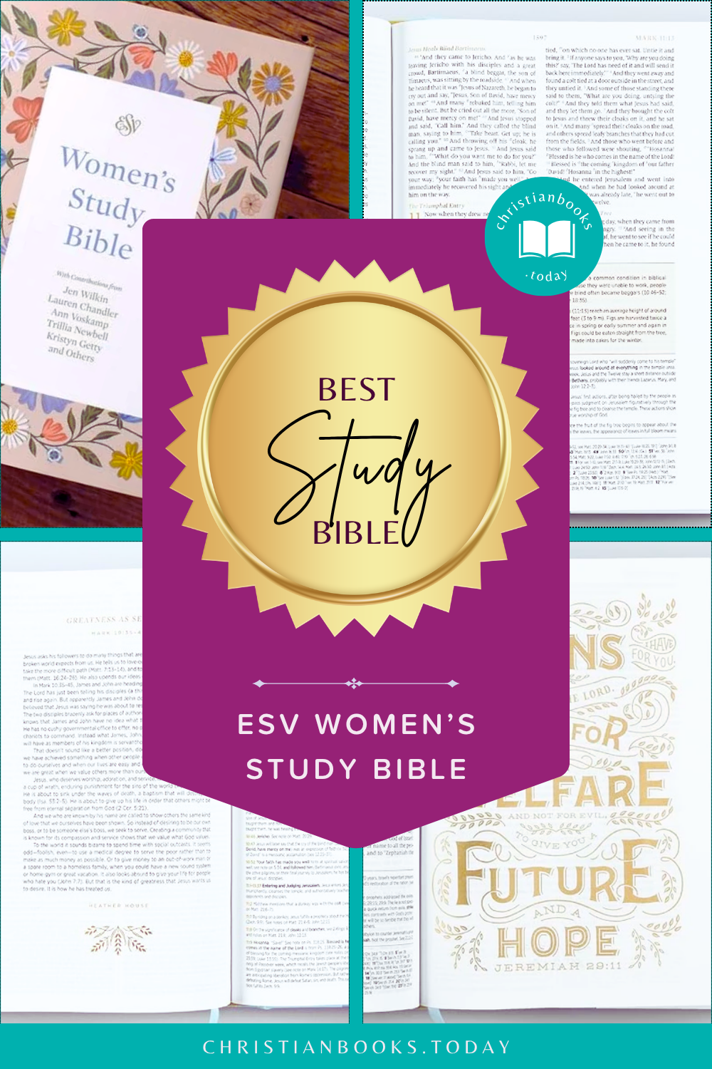 Collage of the ESV Women's Study Bible's floral cover, Scripture pages and illustrated verses, labeled Best Study Bible.