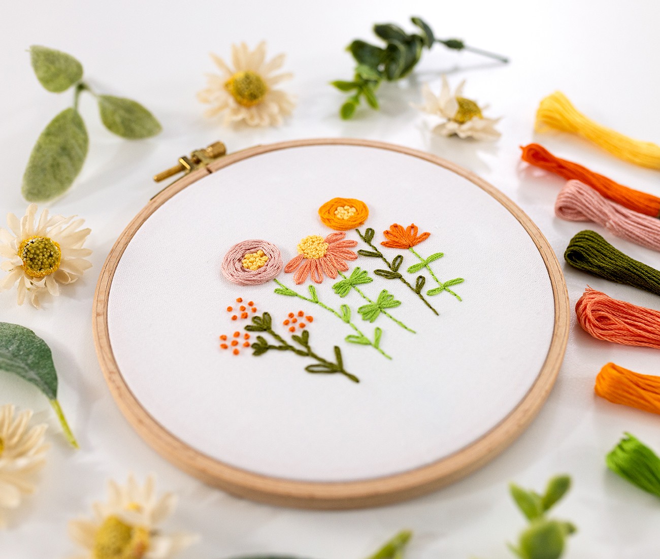 This is an image of the modern embroidery pattern, Little Wildflower Meadow, which uses back stitch in the flower stems.