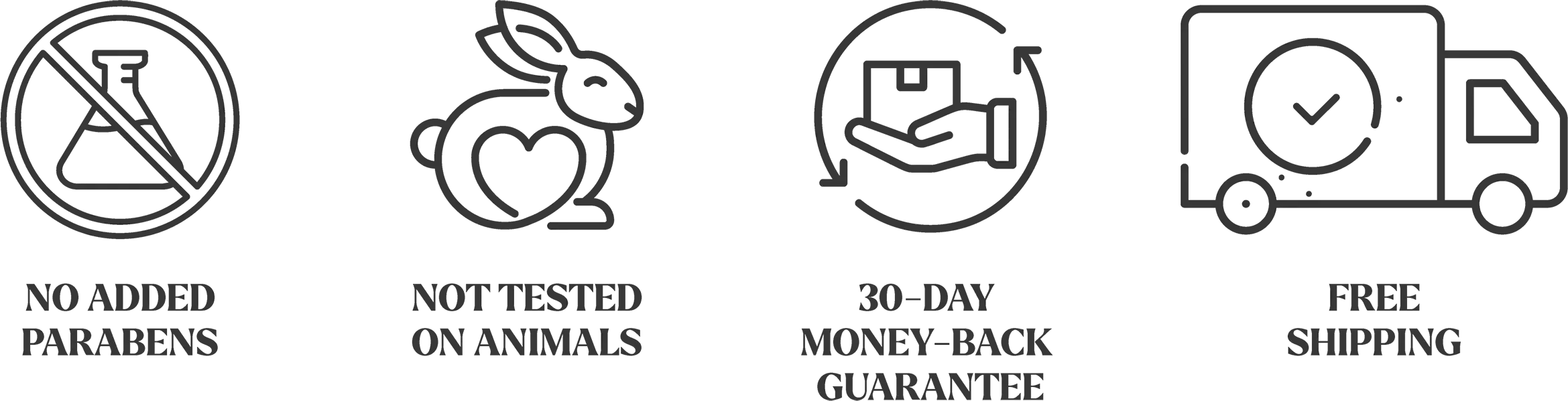 icons 1dermatologically tested | no added parabens |vegan| not tested on animals | 30 day money back guarantee | free shipping