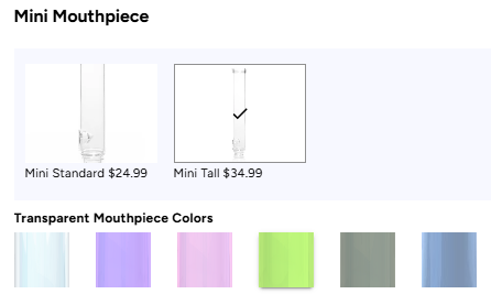 A screenshot of the Prism MINI 3D Custom Bong Builder interface, demonstrating how to choose a modular glass mouthpiece style and select a custom Halo connector color.