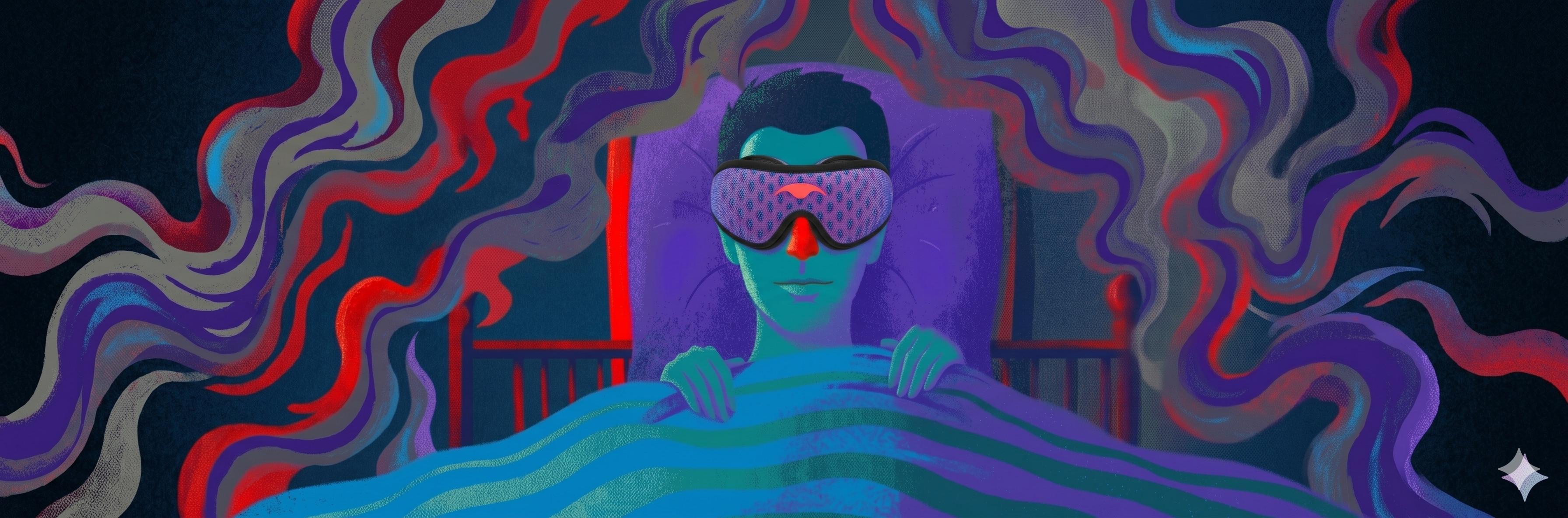Person lying in bed wearing the Manta PRO Sleep Mask, suspended in the fragile, easily-disrupted stage of light sleep.