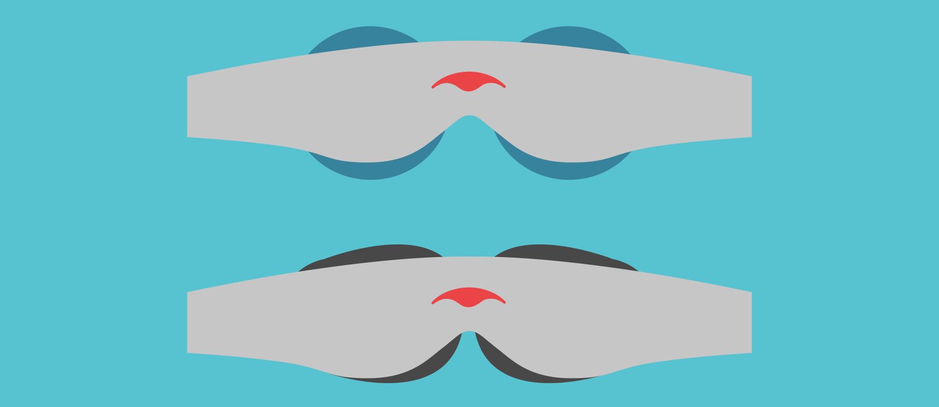 A sleep mask with dark gray eye covers and a cooling mask with blue eye cups from Manta Sleep.
