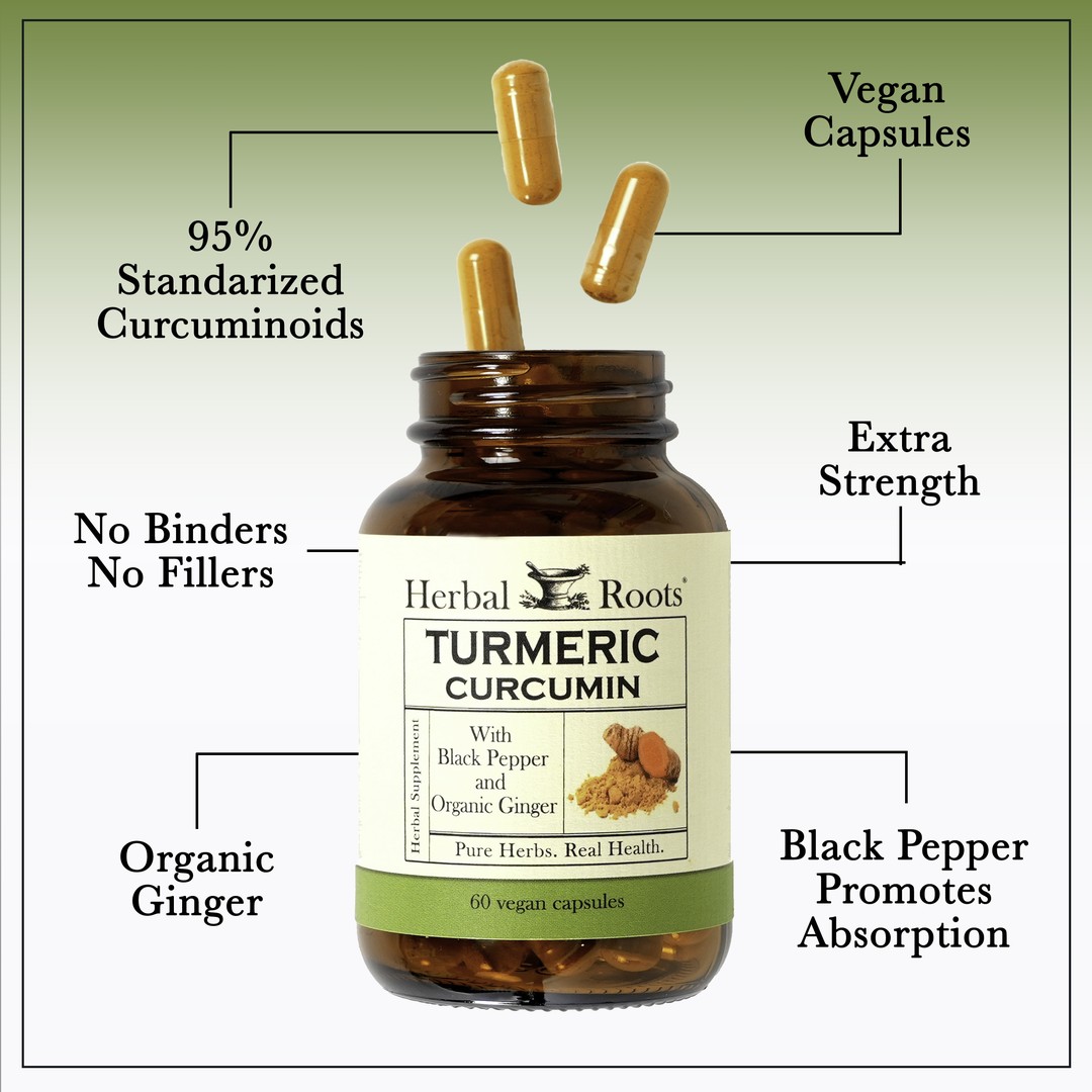 Bottle of Herbal Roots Organic with three pills spilling out of the top of the bottle. There are several lines pointing to the bottle and the capsules. The lines say 95% standardized curcuminoids, Vegan Capsules, extra strength, No Binders or fillers, black pepper promotes absorption and organic ginger.