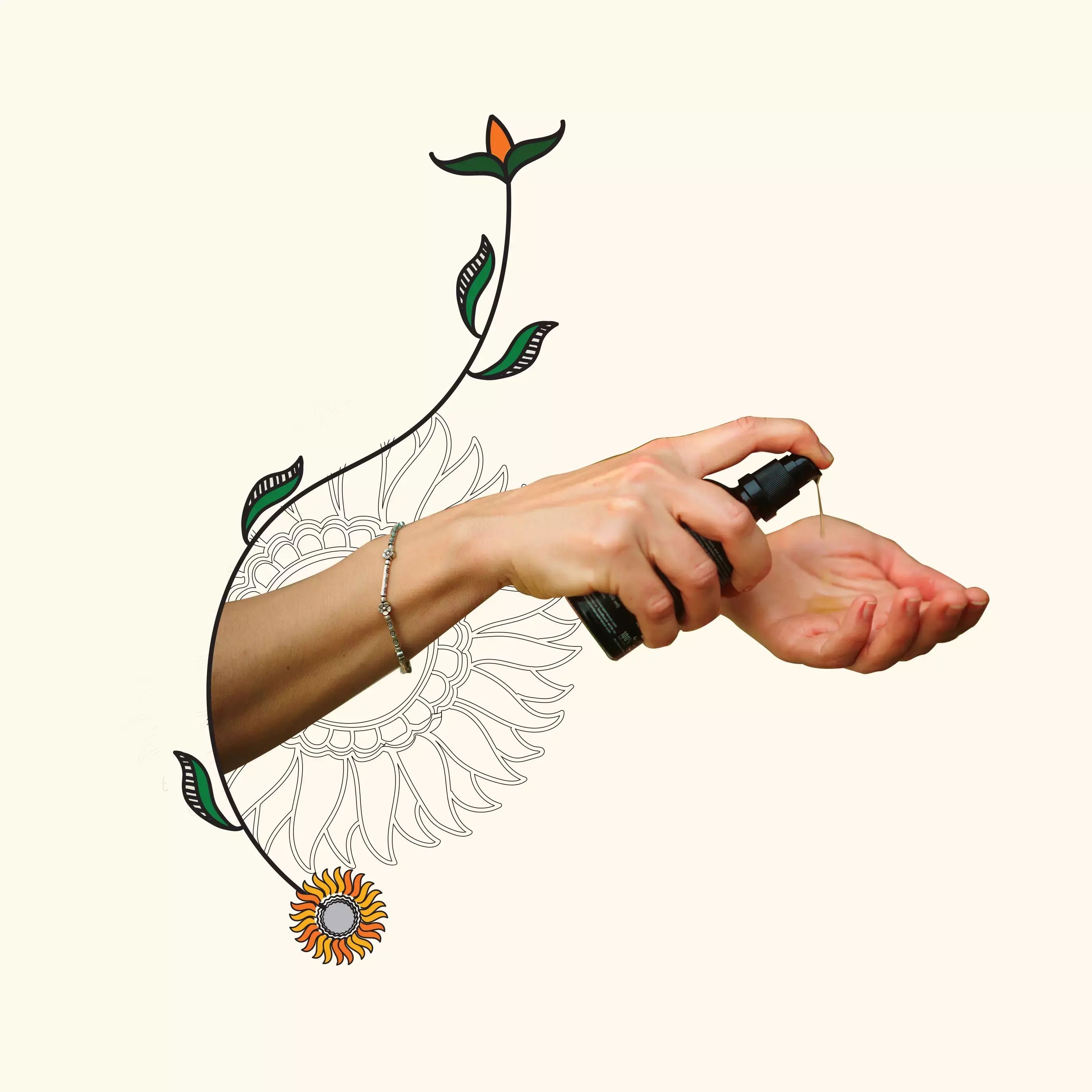 An aesthetic composition of a woman's hands using Balaayah surrounded by floral artwork