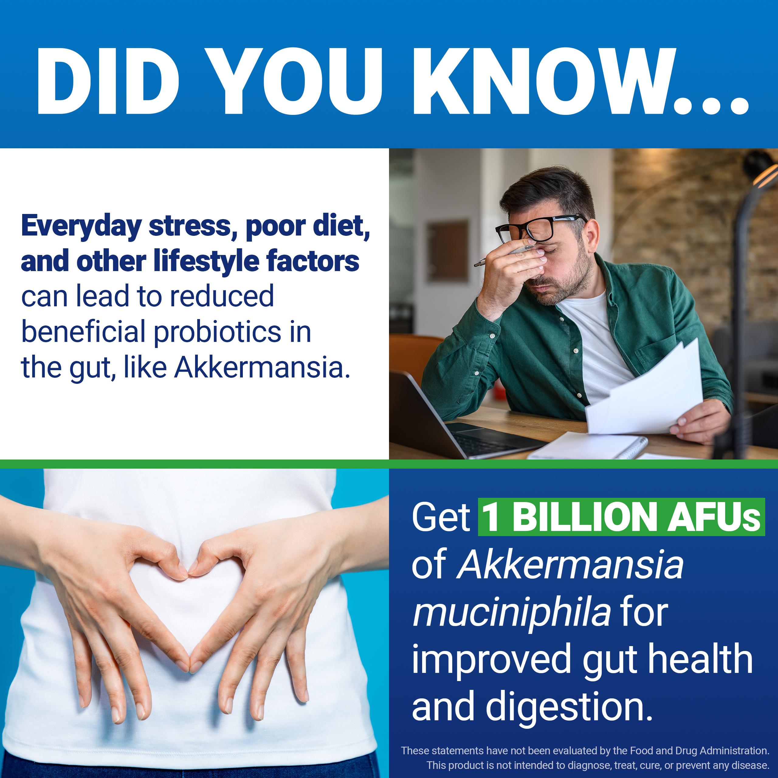 Did you know everyday stress, poor diet, and other lifestyle factors can lead to reduced beneficial probiotics in the gut, like Akkermansia